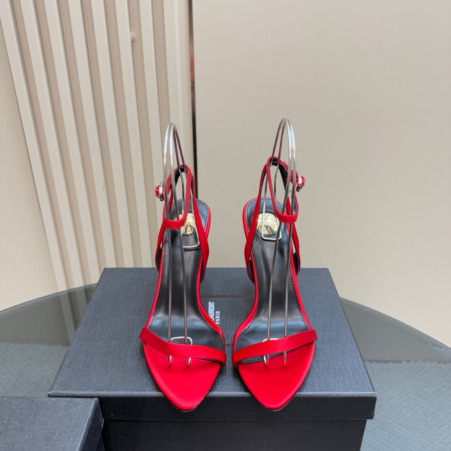 RED T-STRAP STILETTO HEEL SANDALS