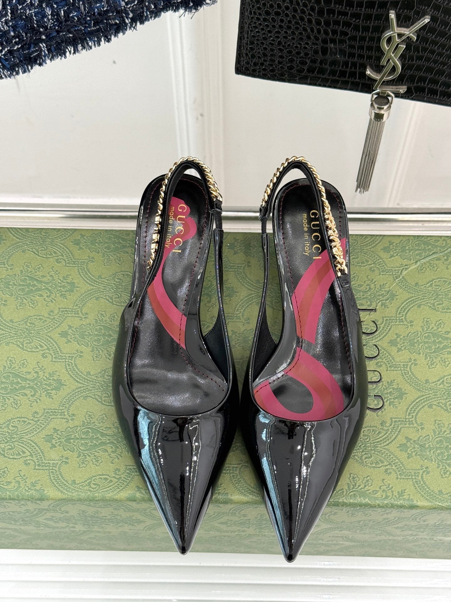 BLACK PATENT CHAIN SLINGBACK HEELS