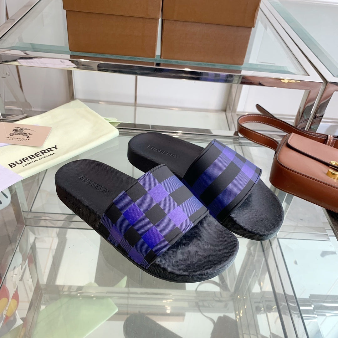 BLACK & PURPLE CHECK PRINT SLIDE SANDALS