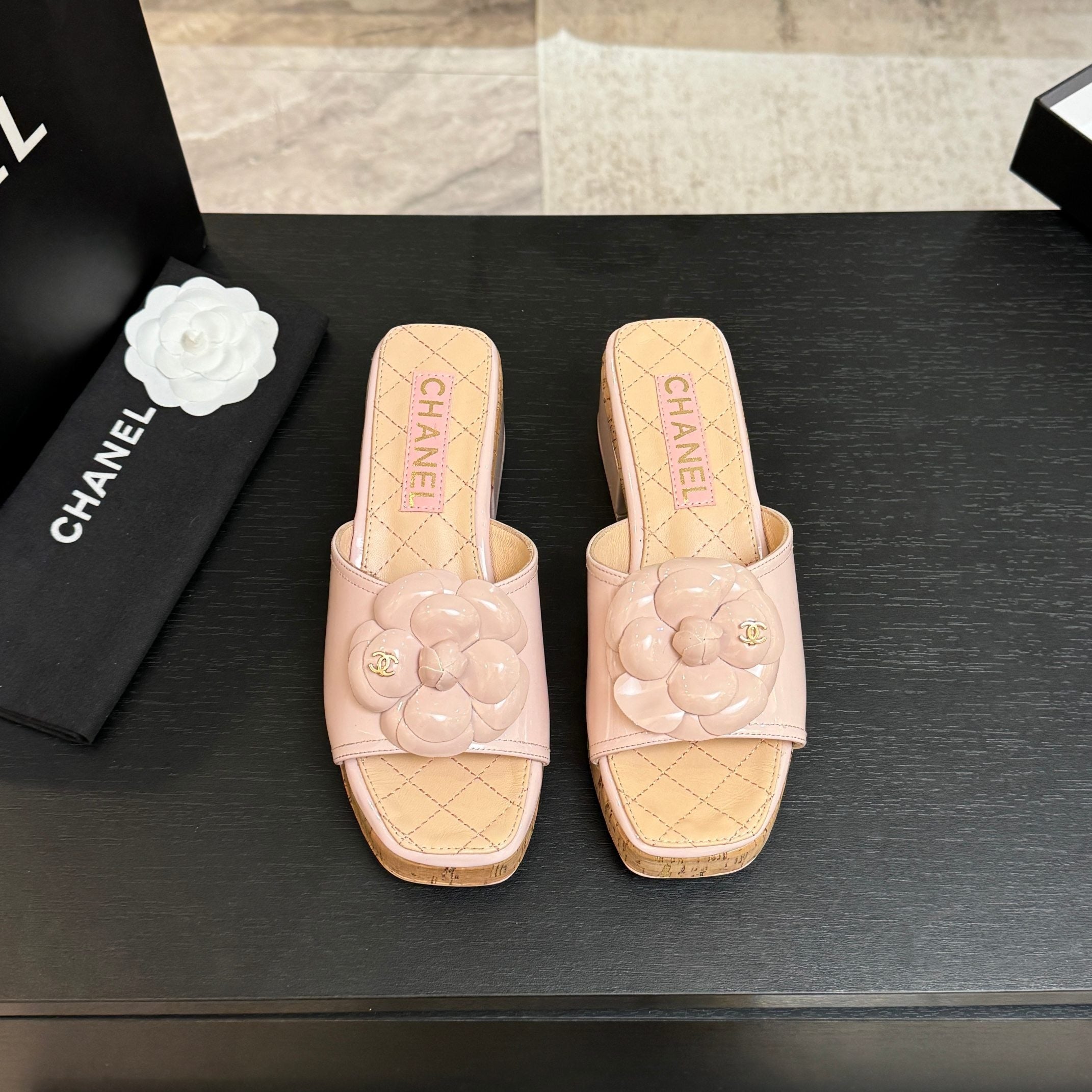 BLUSH QUILTED PLATFORM SLIDE SANDALS WITH CAMELLIA DETAIL