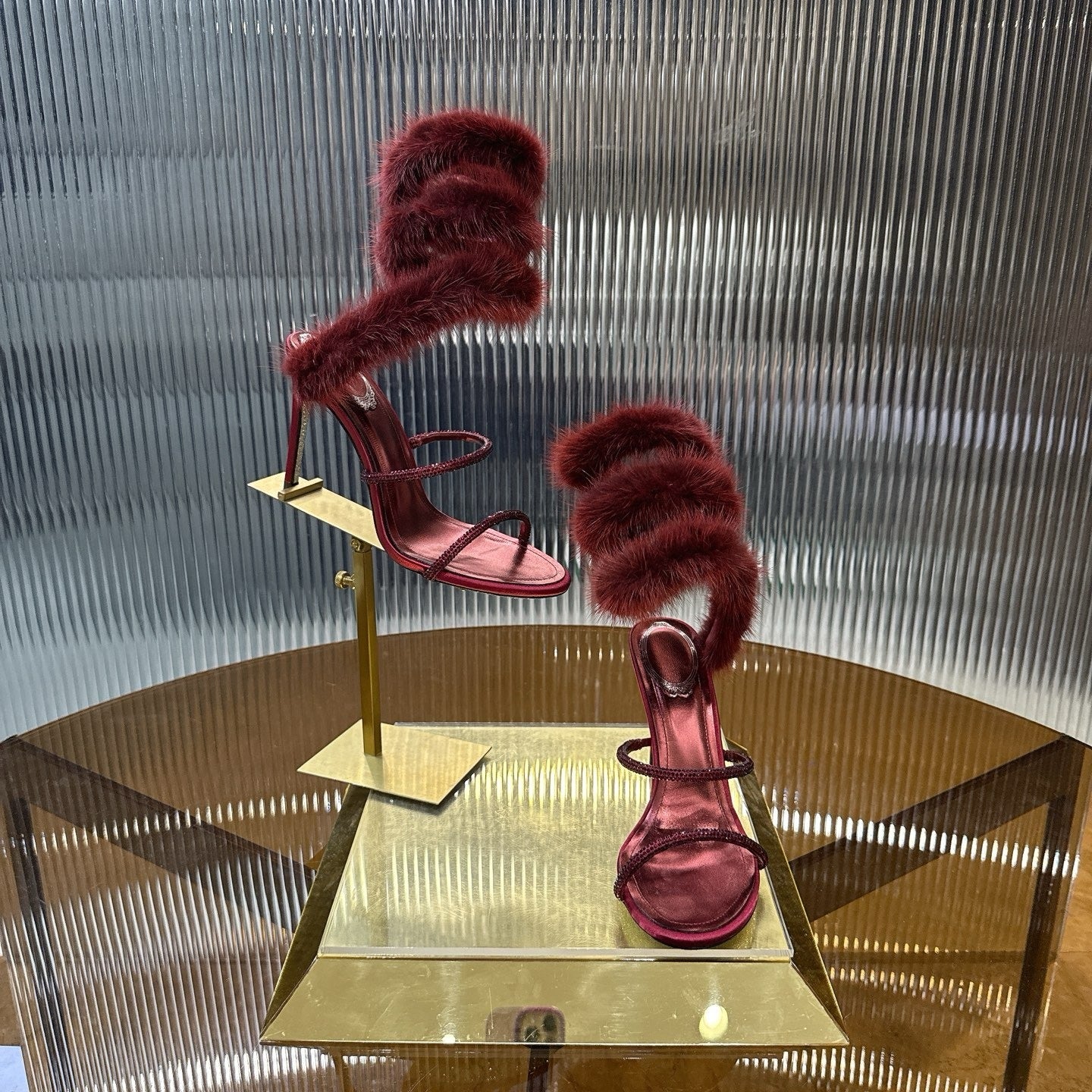 BURGUNDY FUR SPIRAL STILETTO HEELS