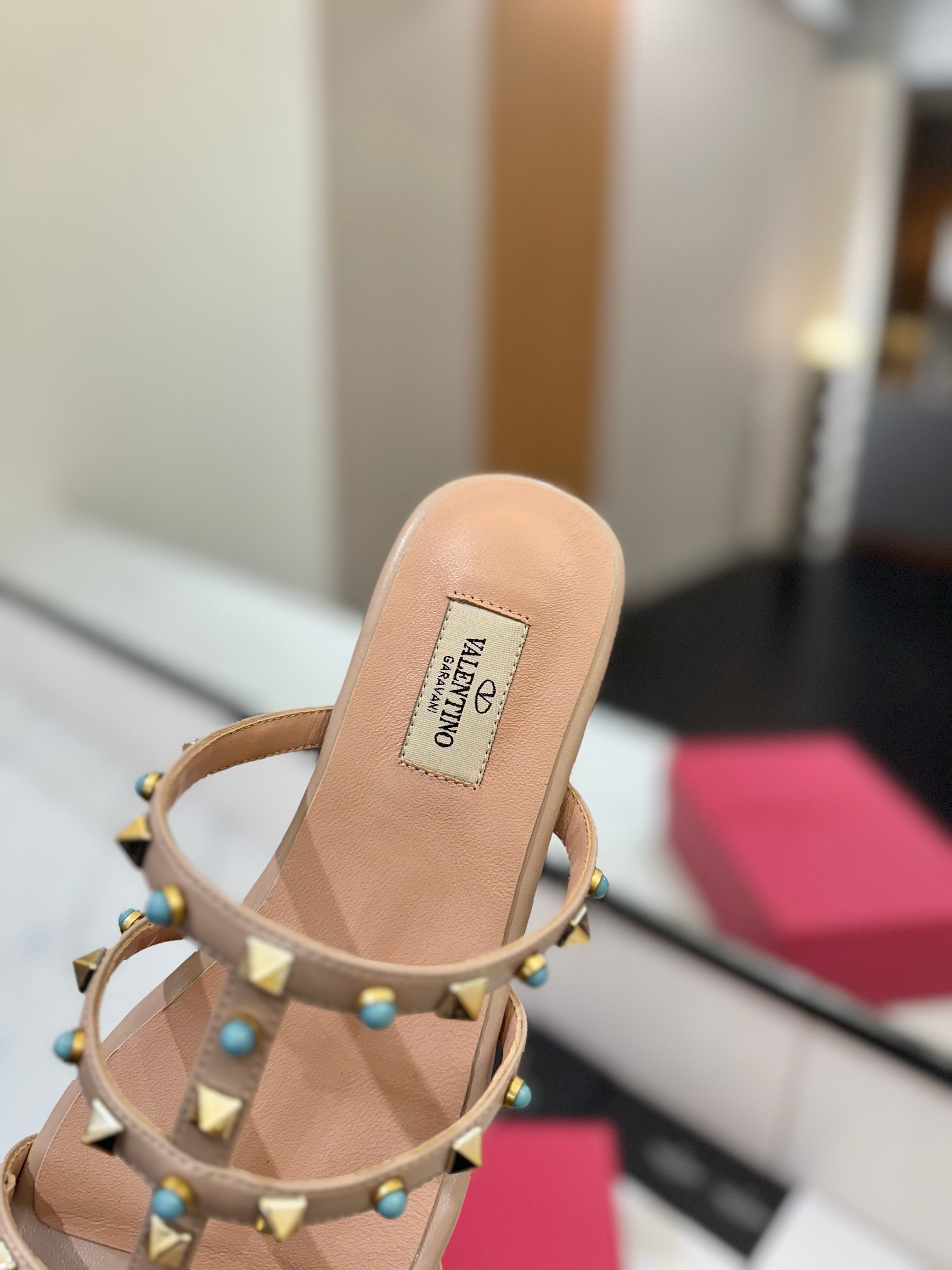 STUDDED STRAP FLAT SANDALS – NUDE WITH TURQUOISE ACCENTS