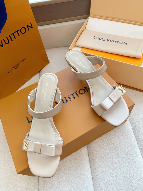 BEIGE BOW DETAIL SLIDE HEEL SANDALS