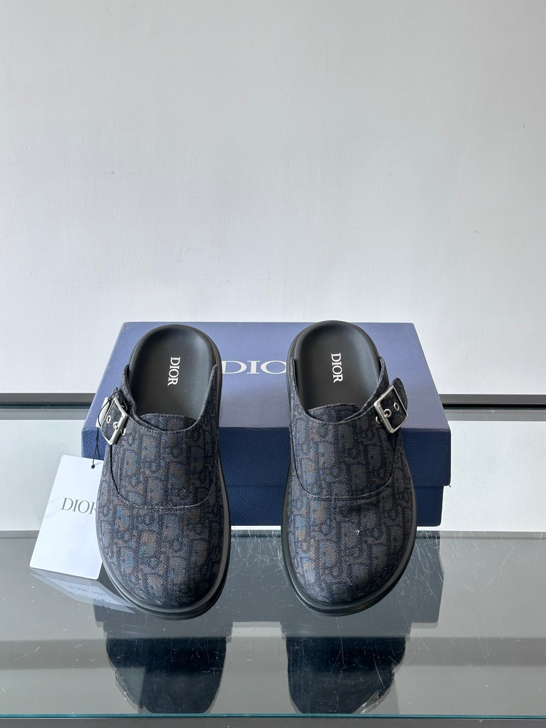 DARK MONOGRAM DESIGNER SLIDE MULES WITH METAL BUCKLE
