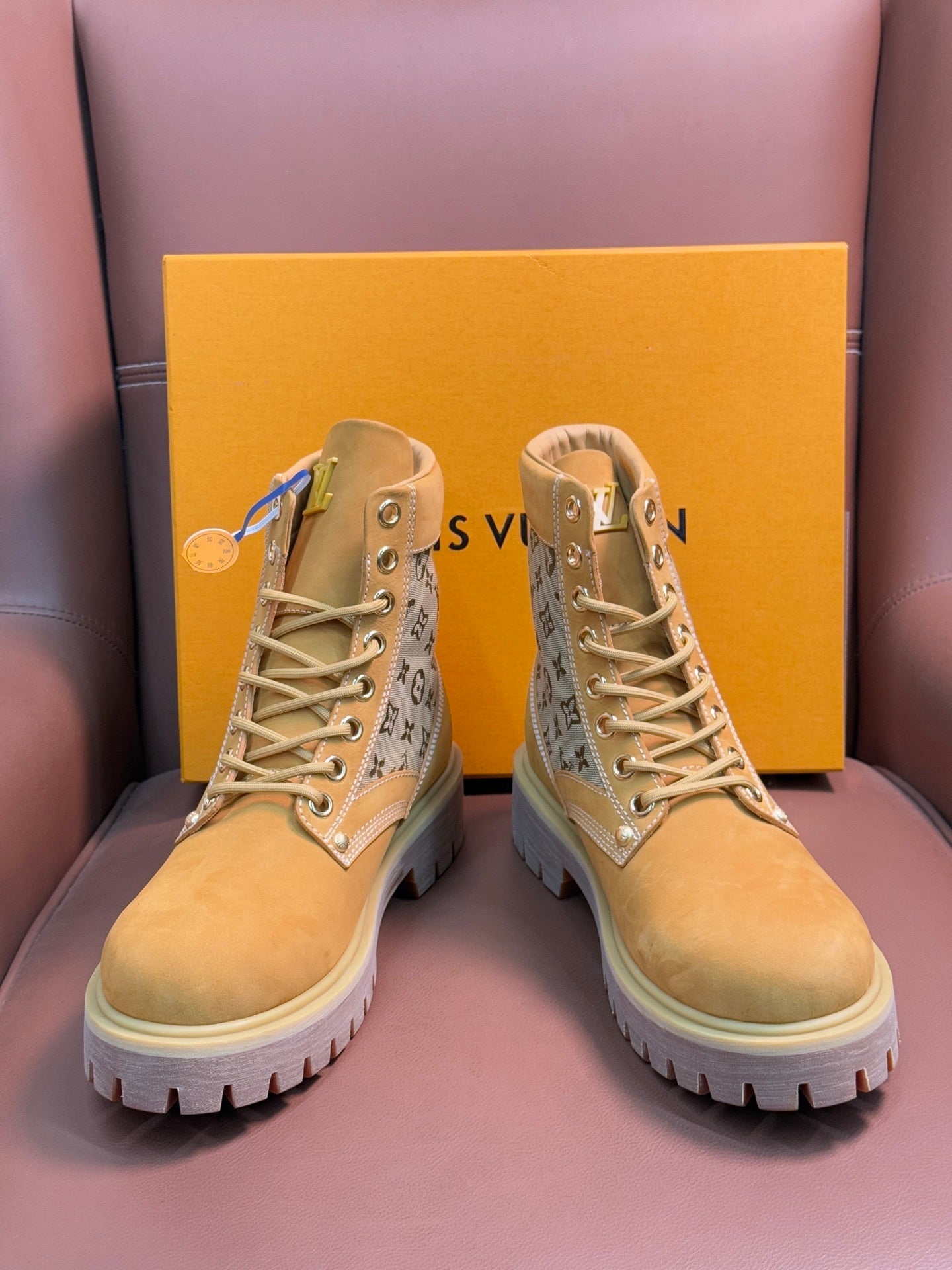 TAN MONOGRAM CANVAS COMBAT BOOTS