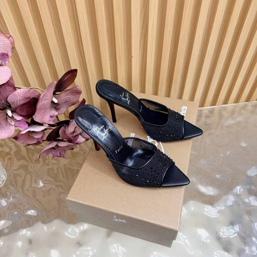 BLACK RHINESTONE MULE HEELS