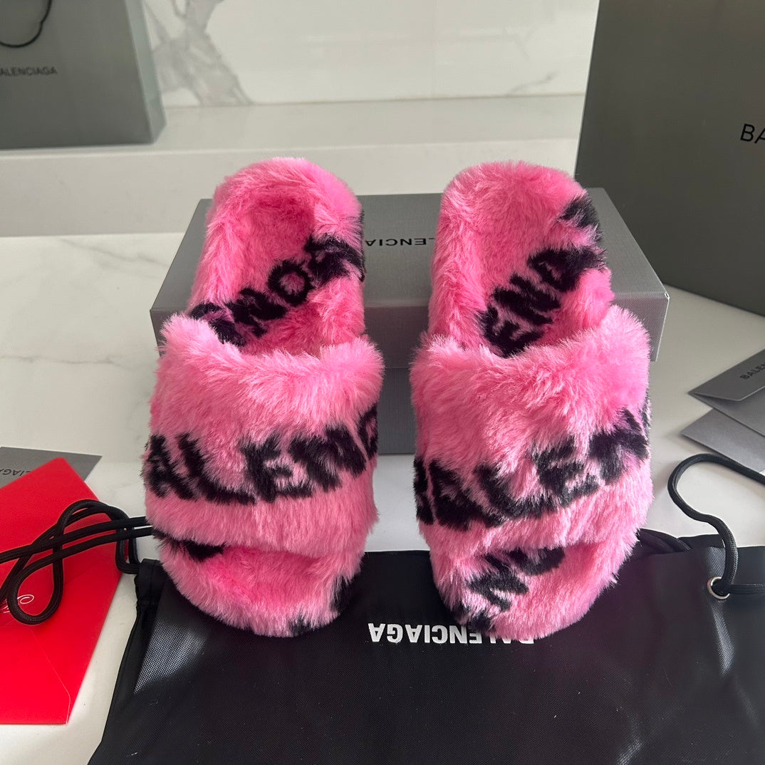 PINK FAUX FUR LOGO SLIDE SANDALS