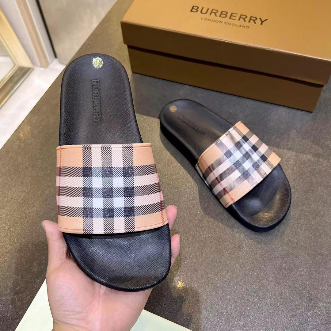 BEIGE CHECK PRINT SLIDE SANDALS