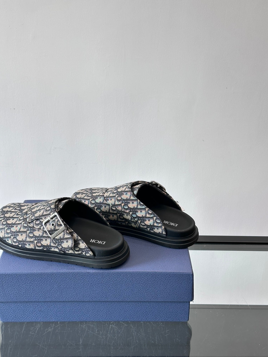 MONOGRAM DESIGNER SLIDE MULES WITH BUCKLE DETAIL
