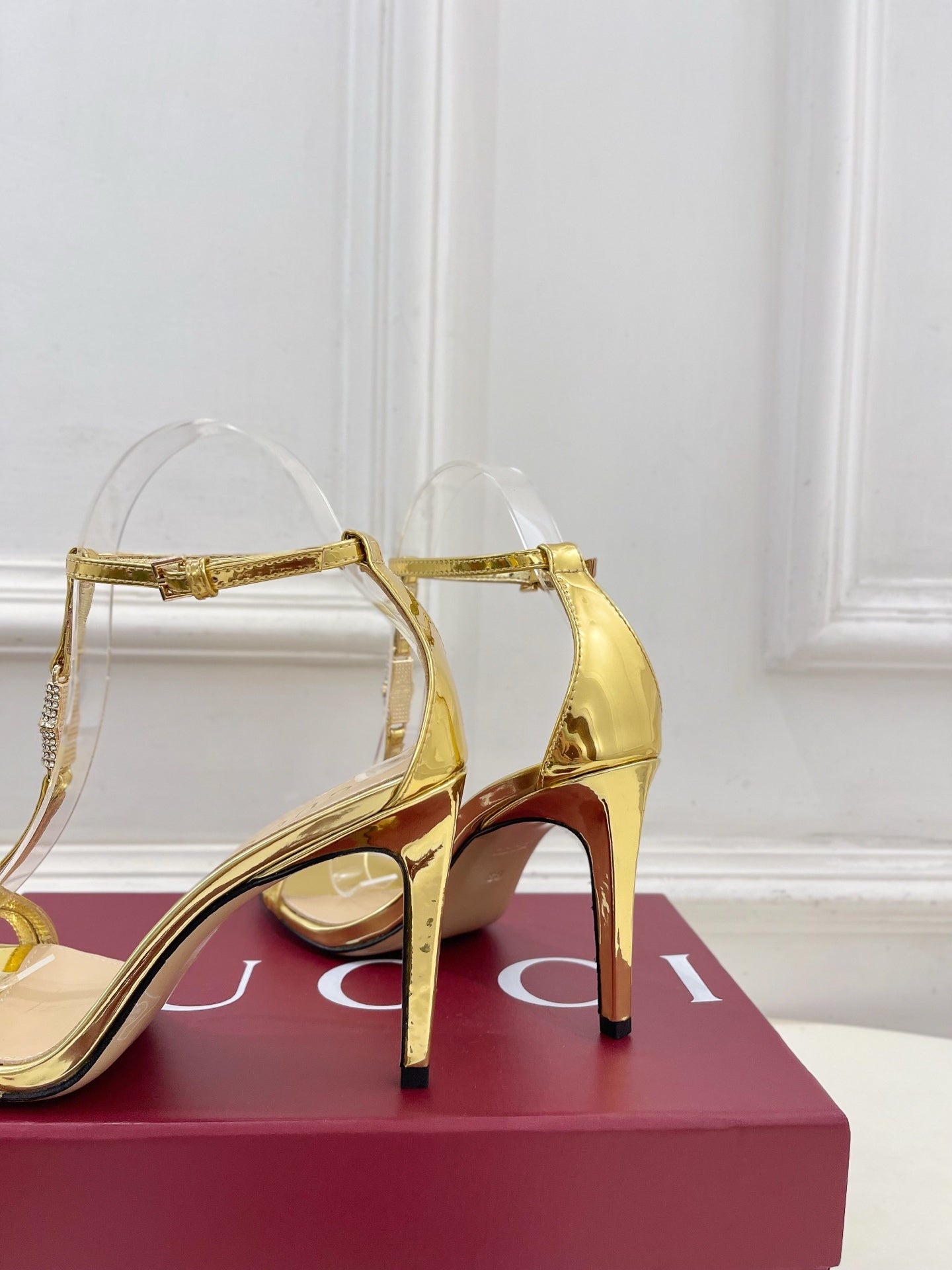 GOLD TRANSPARENT STRAPPY HEEL SANDALS