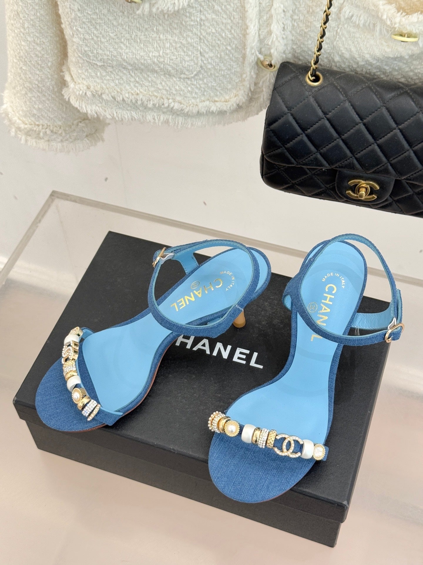 BLUE EMBELLISHED STRAPPY HEEL SANDALS