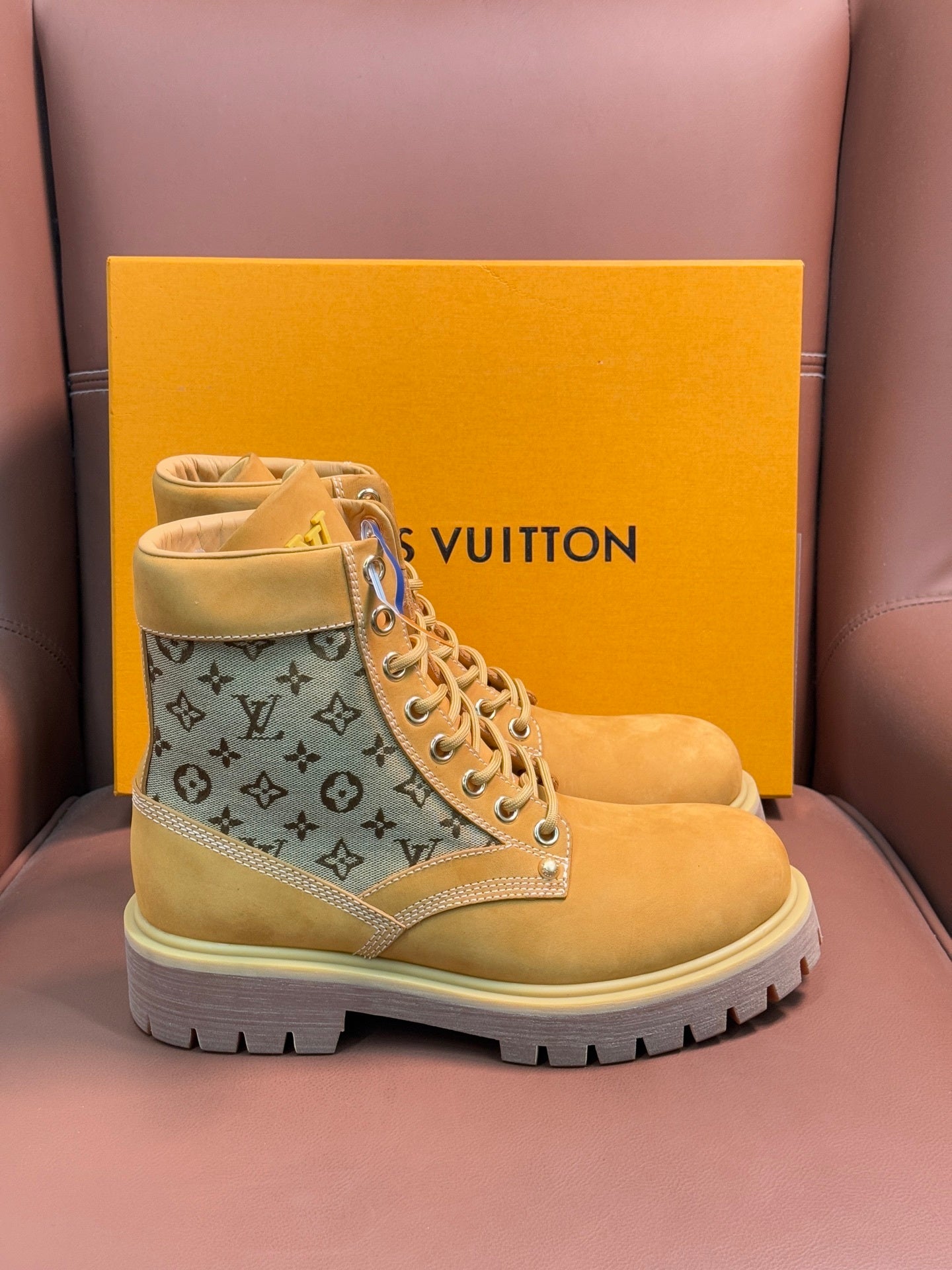 TAN MONOGRAM CANVAS COMBAT BOOTS