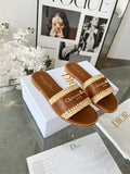 TAN WOVEN LOGO STRAP FLAT SLIDES