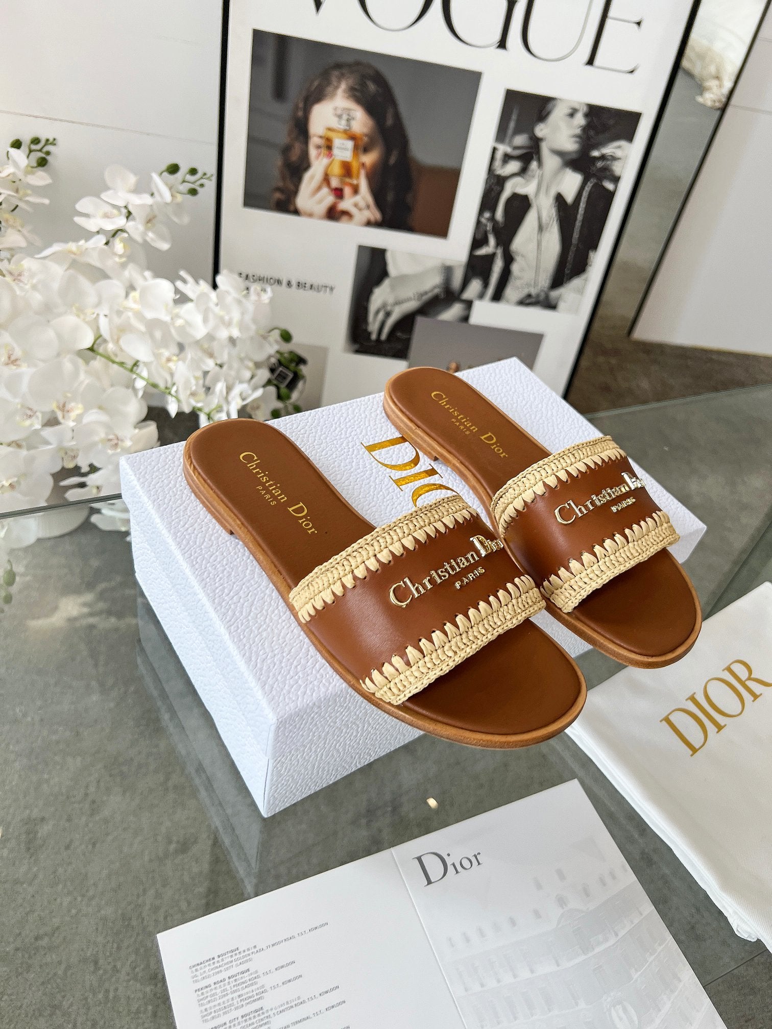 TAN WOVEN LOGO STRAP FLAT SLIDES