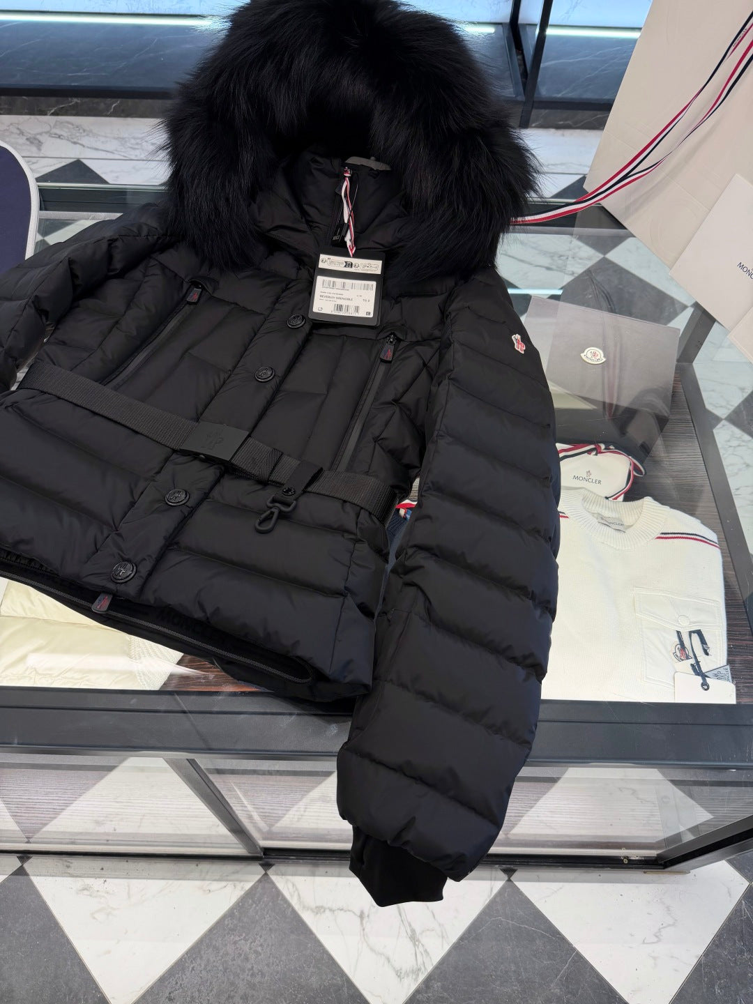 FUR HOODED BELTED PUFFER DOWN JACKET