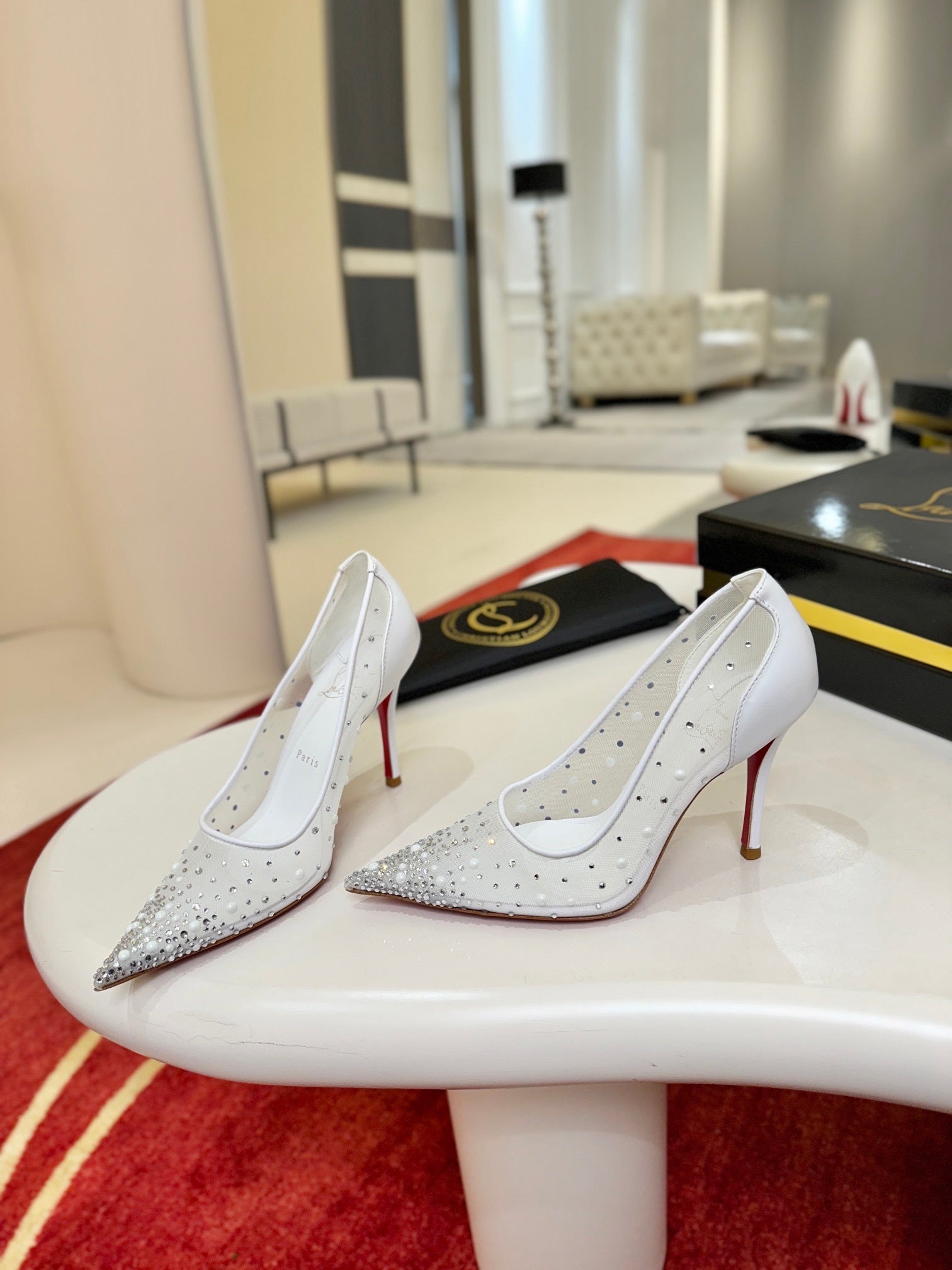 WHITE RHINESTONE POINTED HEELS