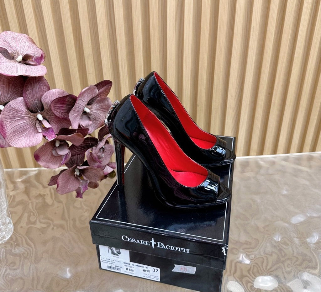 PATENT PEEP-TOE STILETTO PUMPS – CLASSIC BLACK EDITION