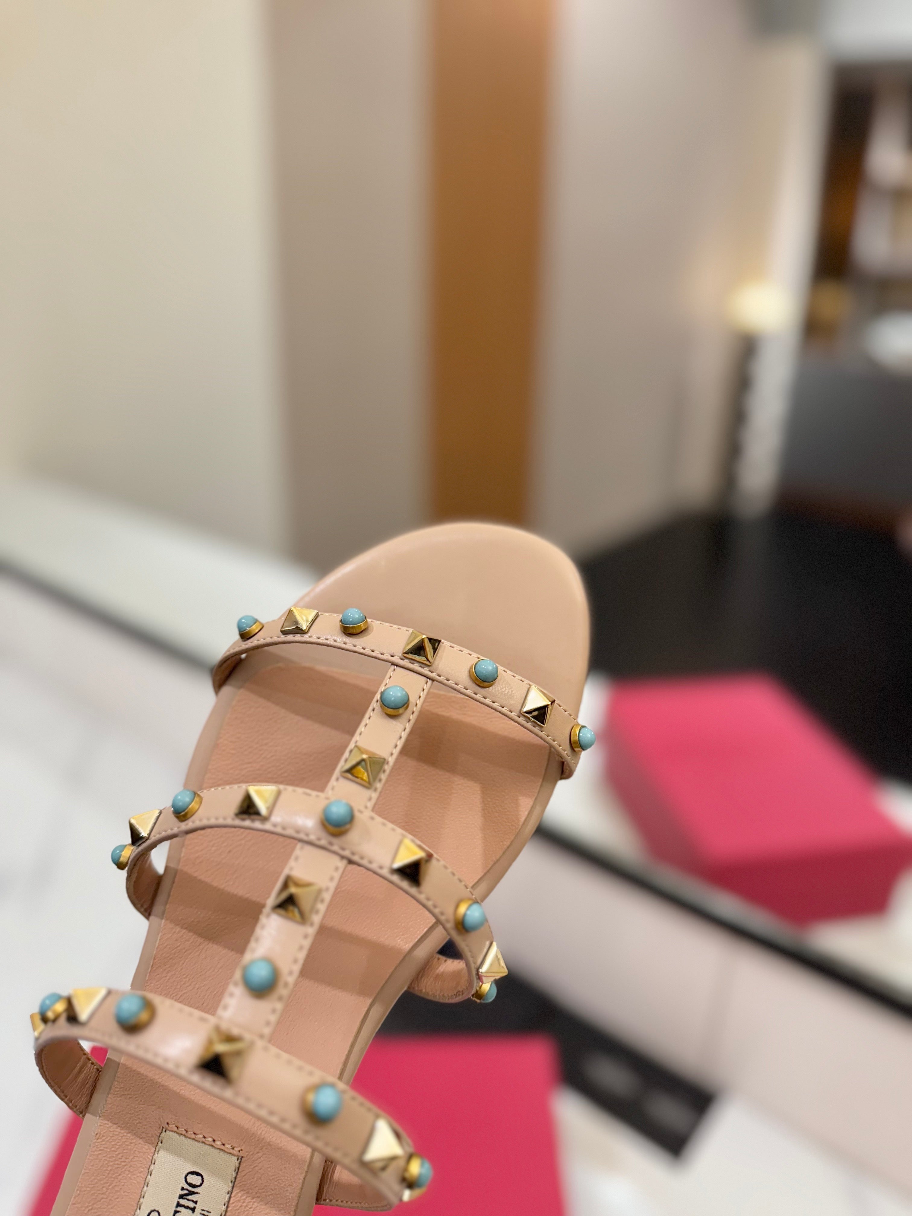 STUDDED STRAP FLAT SANDALS – NUDE WITH TURQUOISE ACCENTS