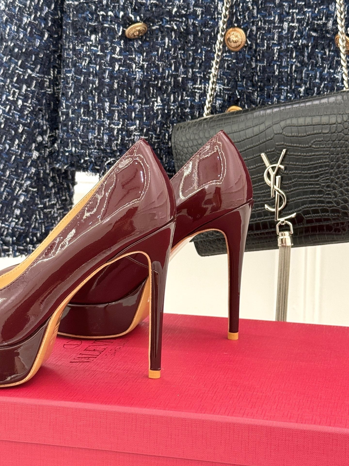 BURGUNDY PATENT PLATFORM STILETTO HEELS WITH GOLD DETAIL