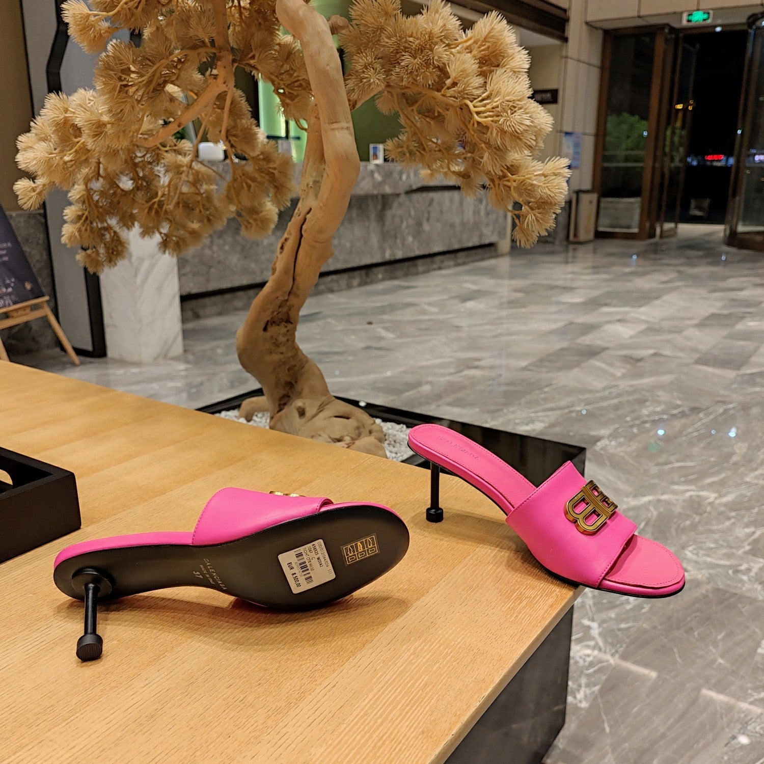 PINK LOGO LOW HEEL MULE SANDALS