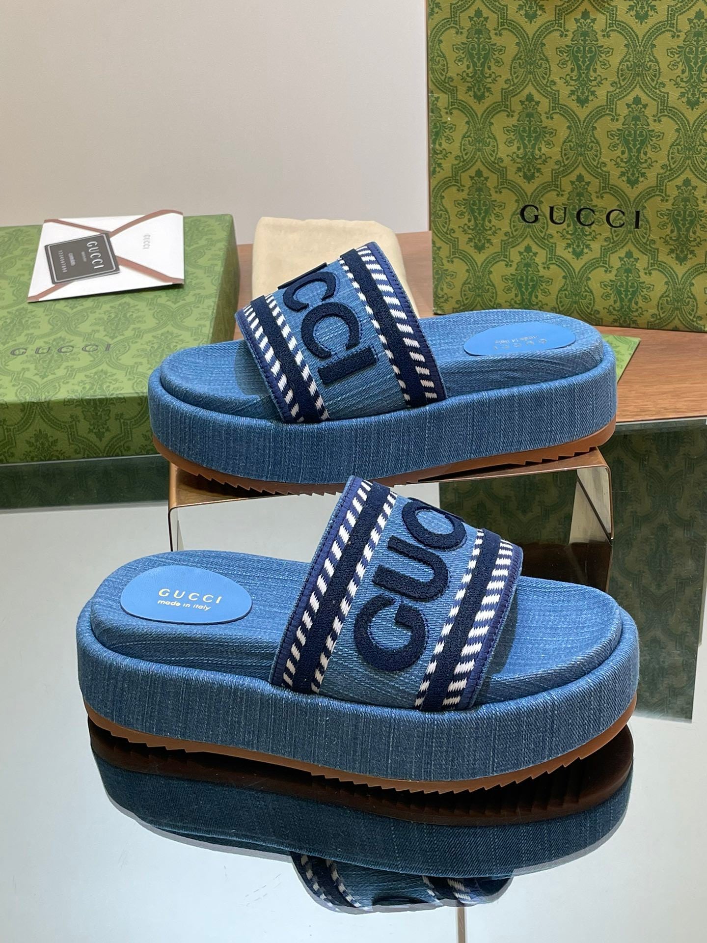 BLUE DENIM LOGO PLATFORM SLIDE SANDALS