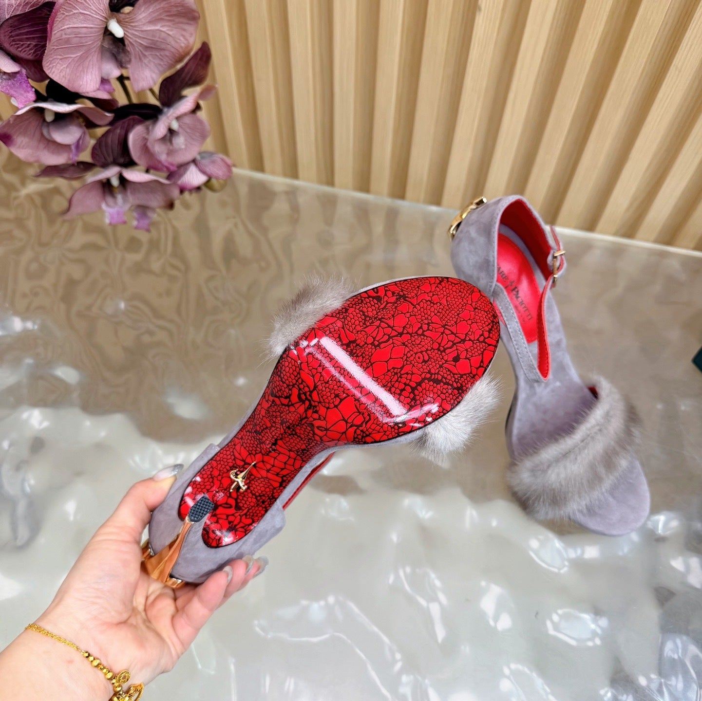 LUXE FUR STILETTO HEELS – GREY & RED EDITION