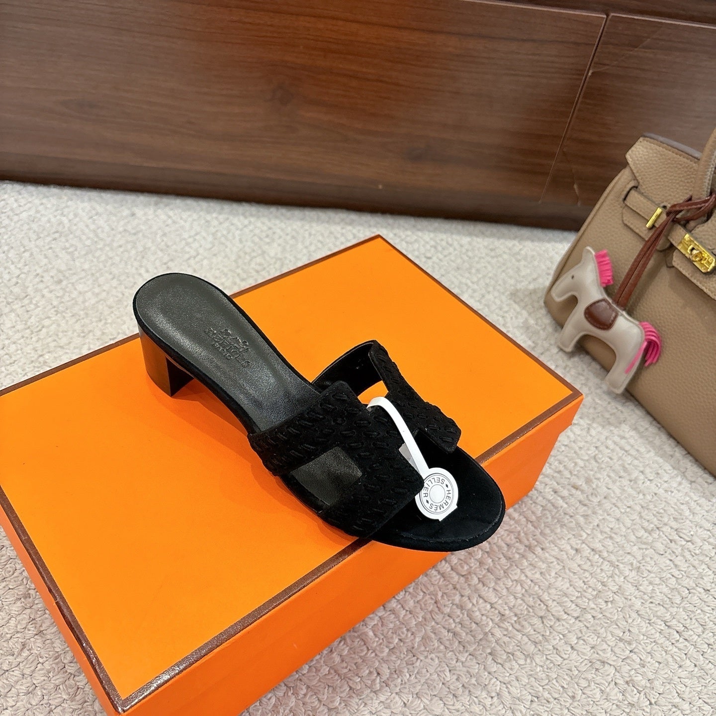 BLACK SUEDE HEELED SLIDE SANDALS