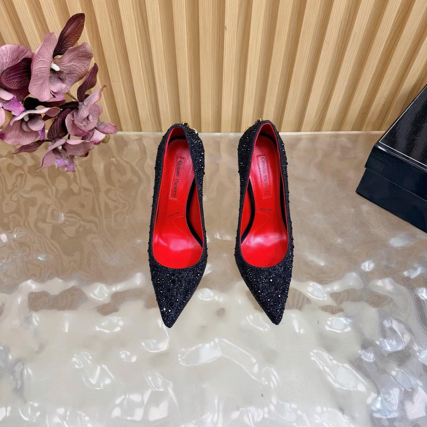 CRYSTAL EMBELLISHED STILETTO PUMPS – BLACK GLAM EDITION
