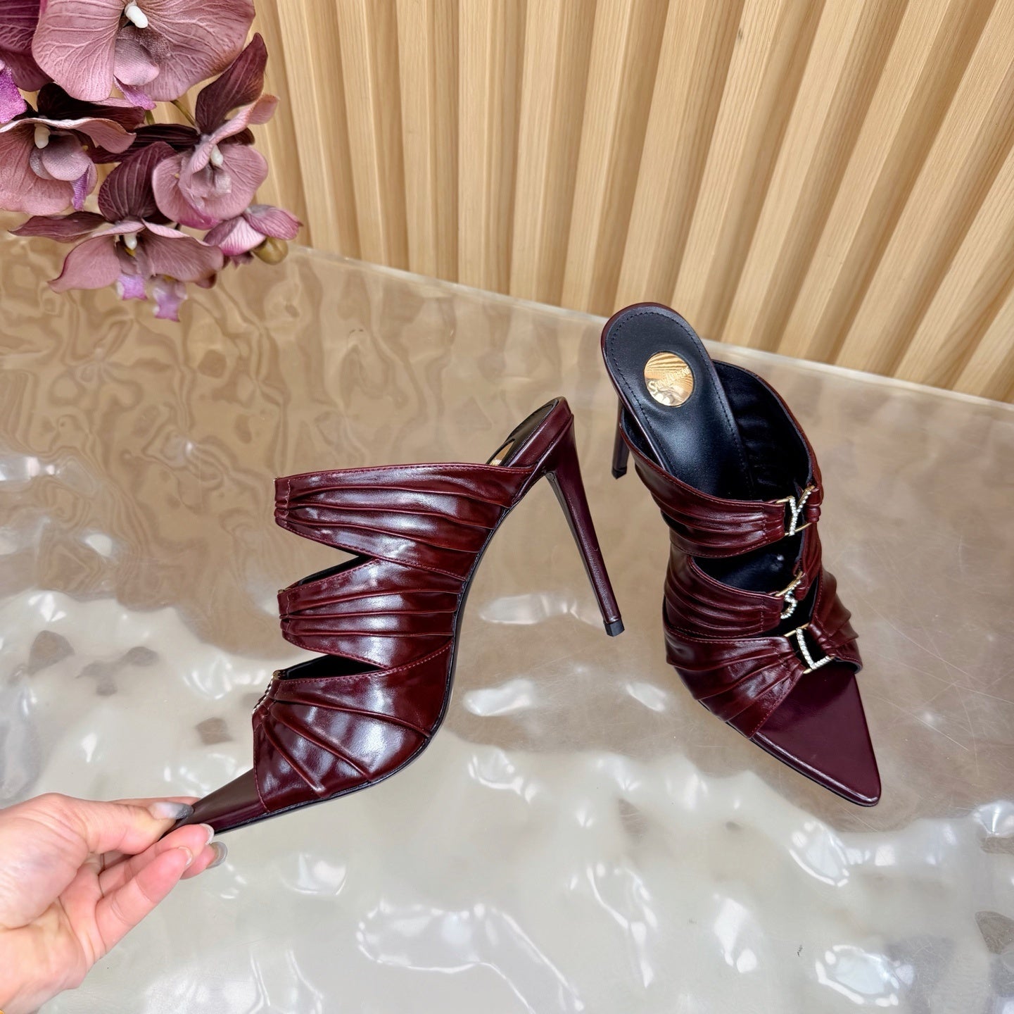 POINTED TOE PLEATED MULE HEELS