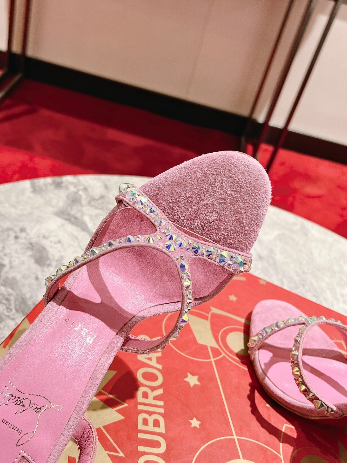 PINK SUEDE RHINESTONE-STRAP SANDAL HEELS