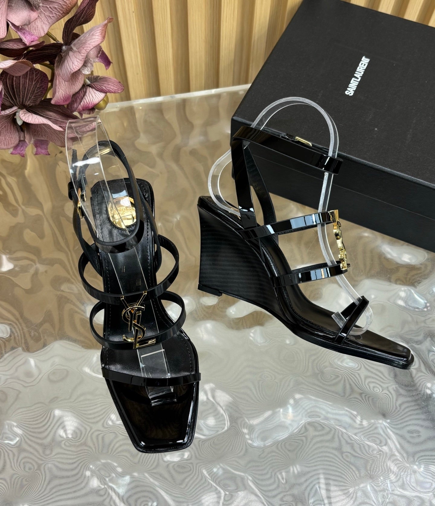 BLACK MULTI-STRAP HIGH HEEL SANDALS WITH GOLD LOGO DETAIL