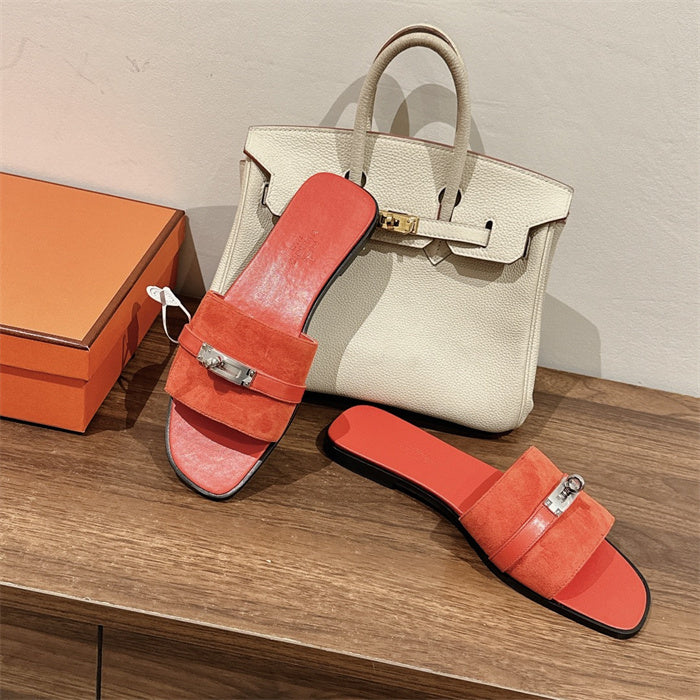 CORAL SUEDE BUCKLE SLIDE SANDALS
