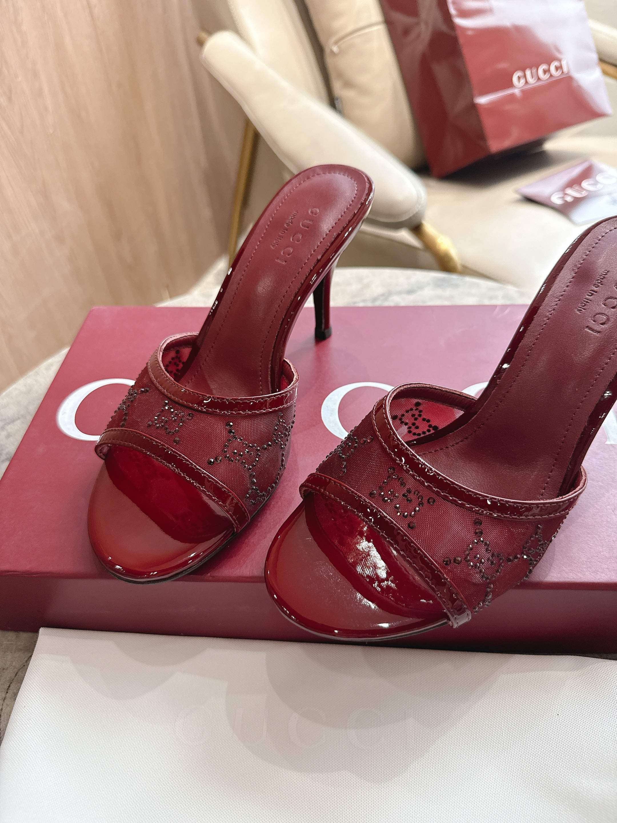 RED EMBELLISHED HEELED MULE SANDALS