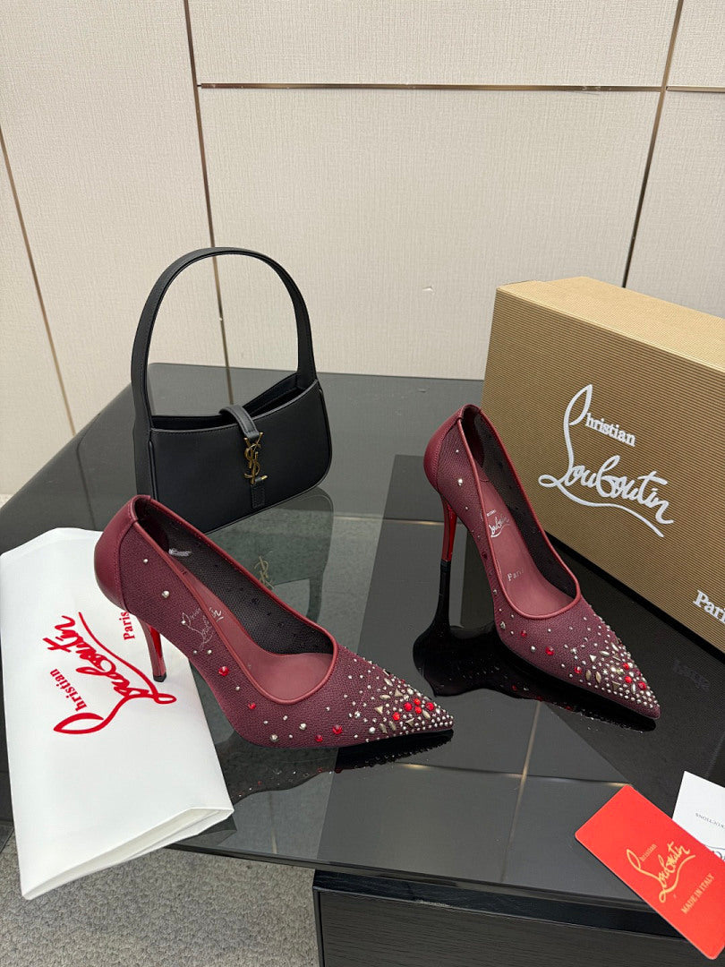 BURGUNDY RHINESTONE MESH PUMPS