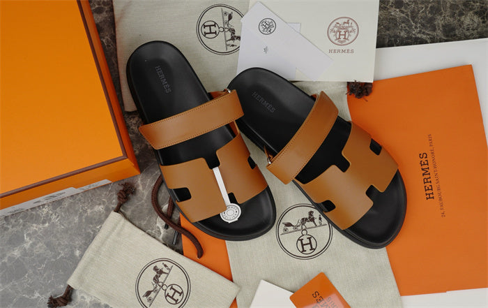 TAN DOUBLE-STRAP H-CUT SLIDE SANDALS