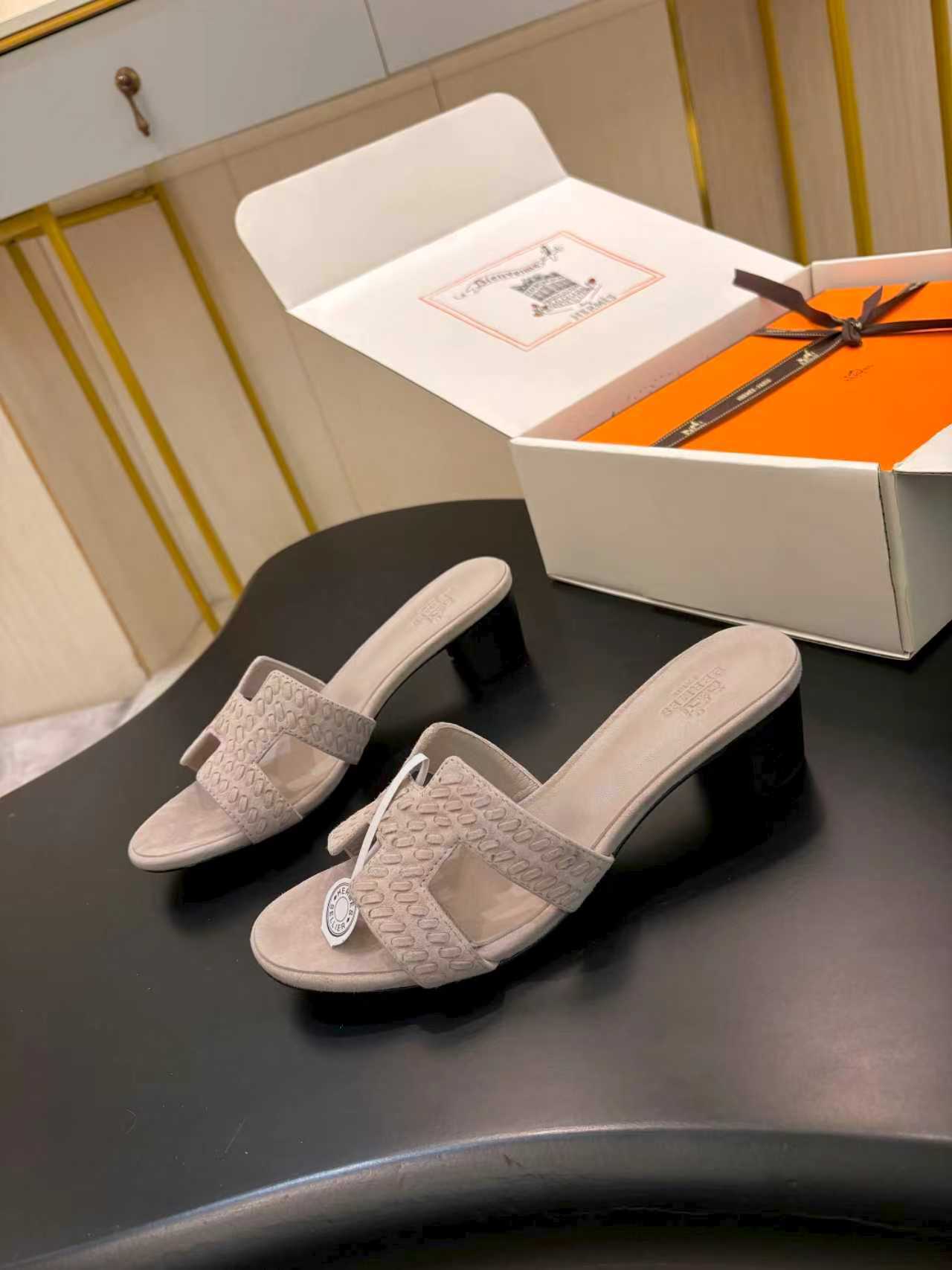 TAUPE SUEDE HEELED SLIDE SANDALS