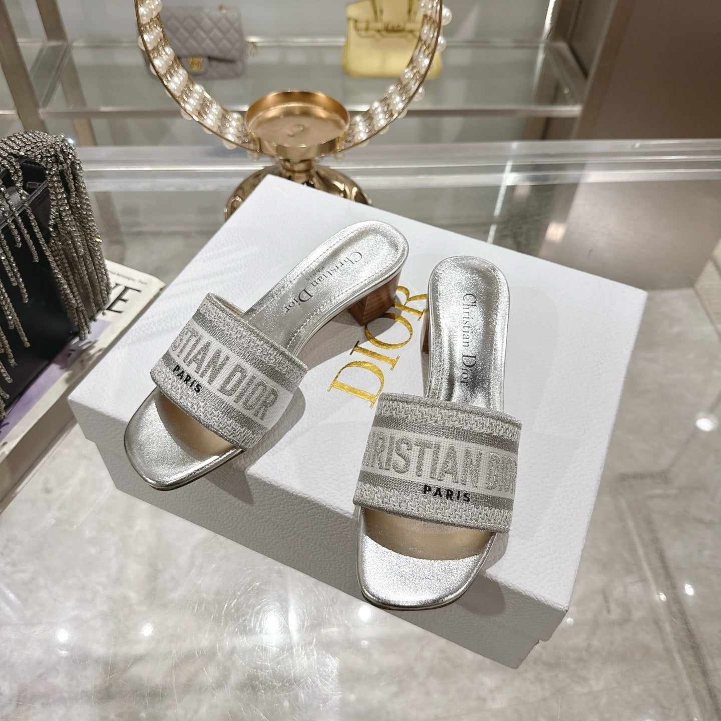 METALLIC LOGO JACQUARD LOW HEEL MULES