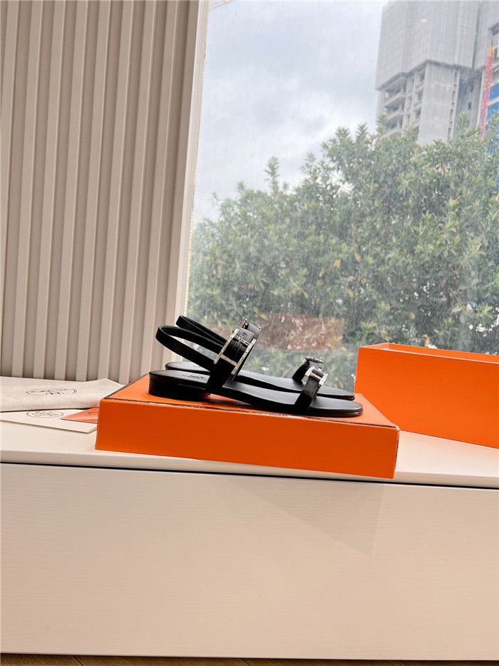 BLACK BUCKLE STRAP FLAT SANDALS