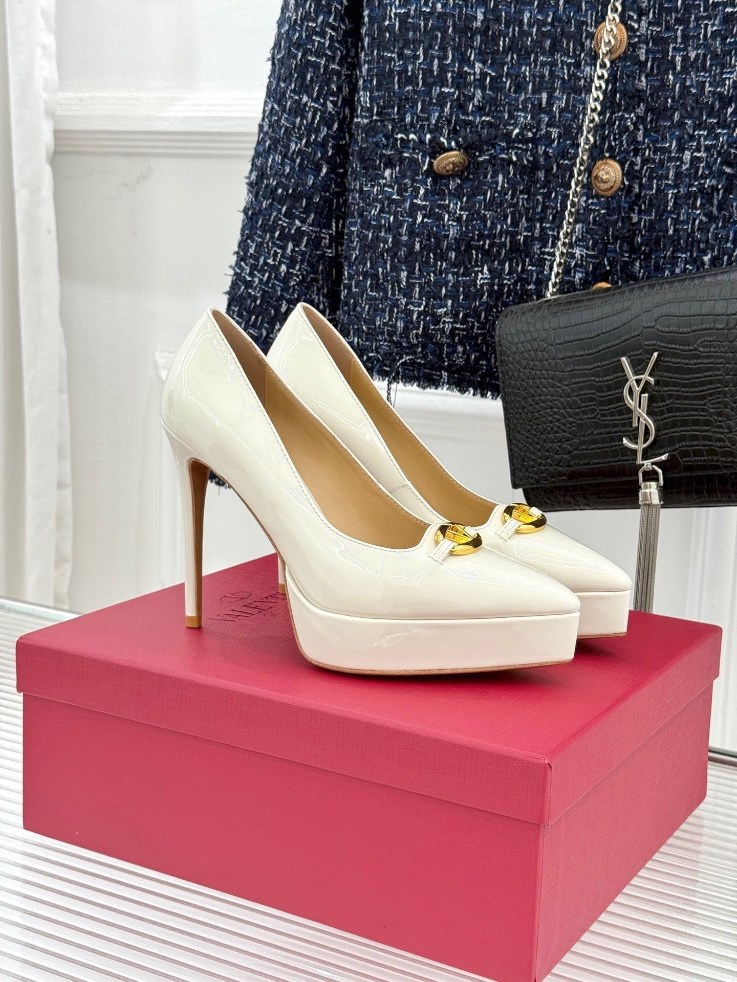 IVORY PATENT PLATFORM HEELS WITH GOLD ACCENT