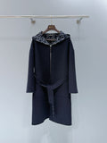 NAVY LONG COAT WITH HOOD, ZIP FRONT AND WAIST TIE