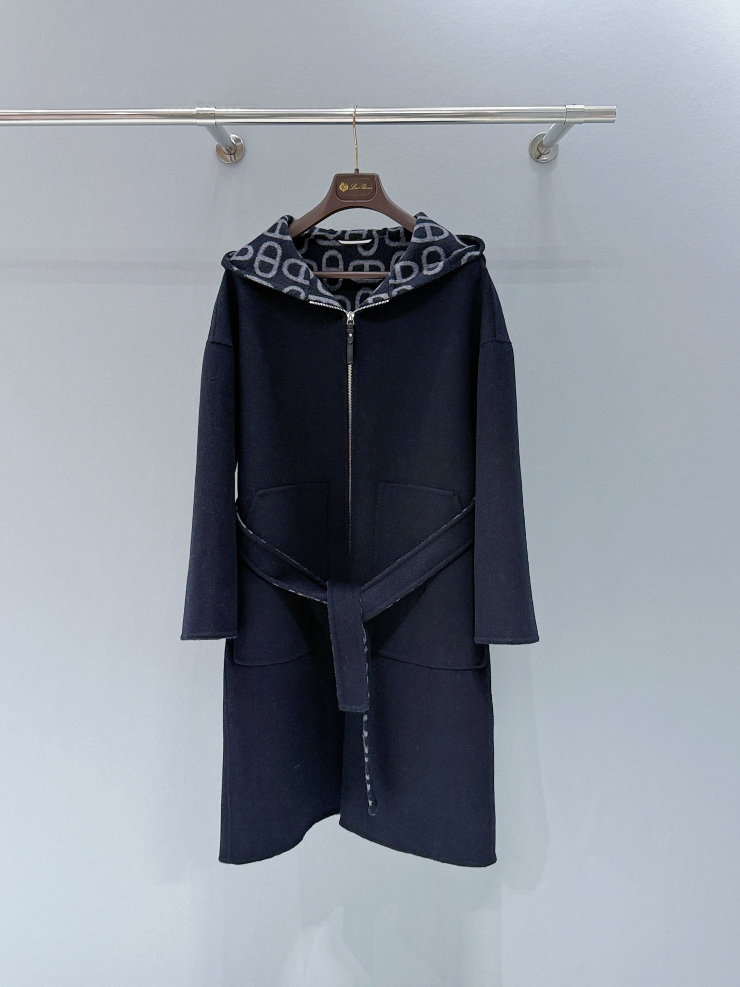NAVY LONG COAT WITH HOOD, ZIP FRONT AND WAIST TIE