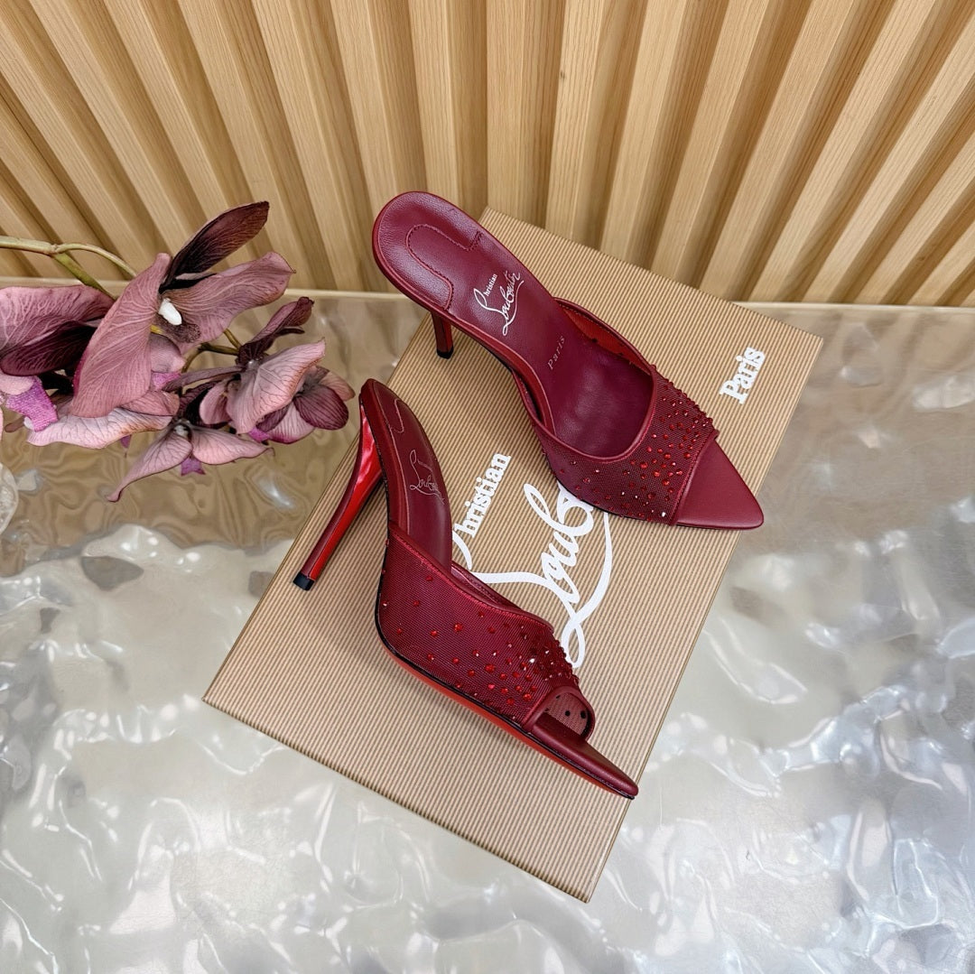 BURGUNDY RHINESTONE MULE HEELS