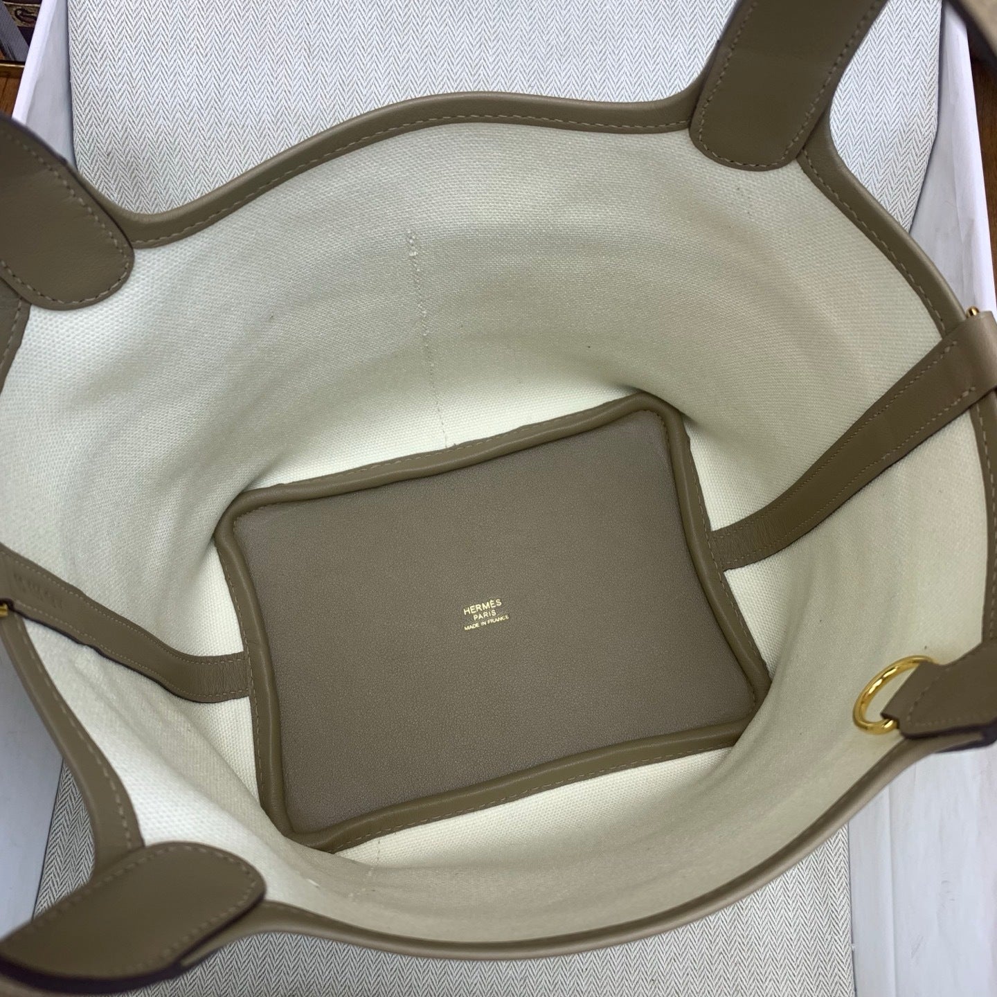 LUXURY CANVAS & TAUPE LEATHER MINI PICOTIN STYLE HANDBAG