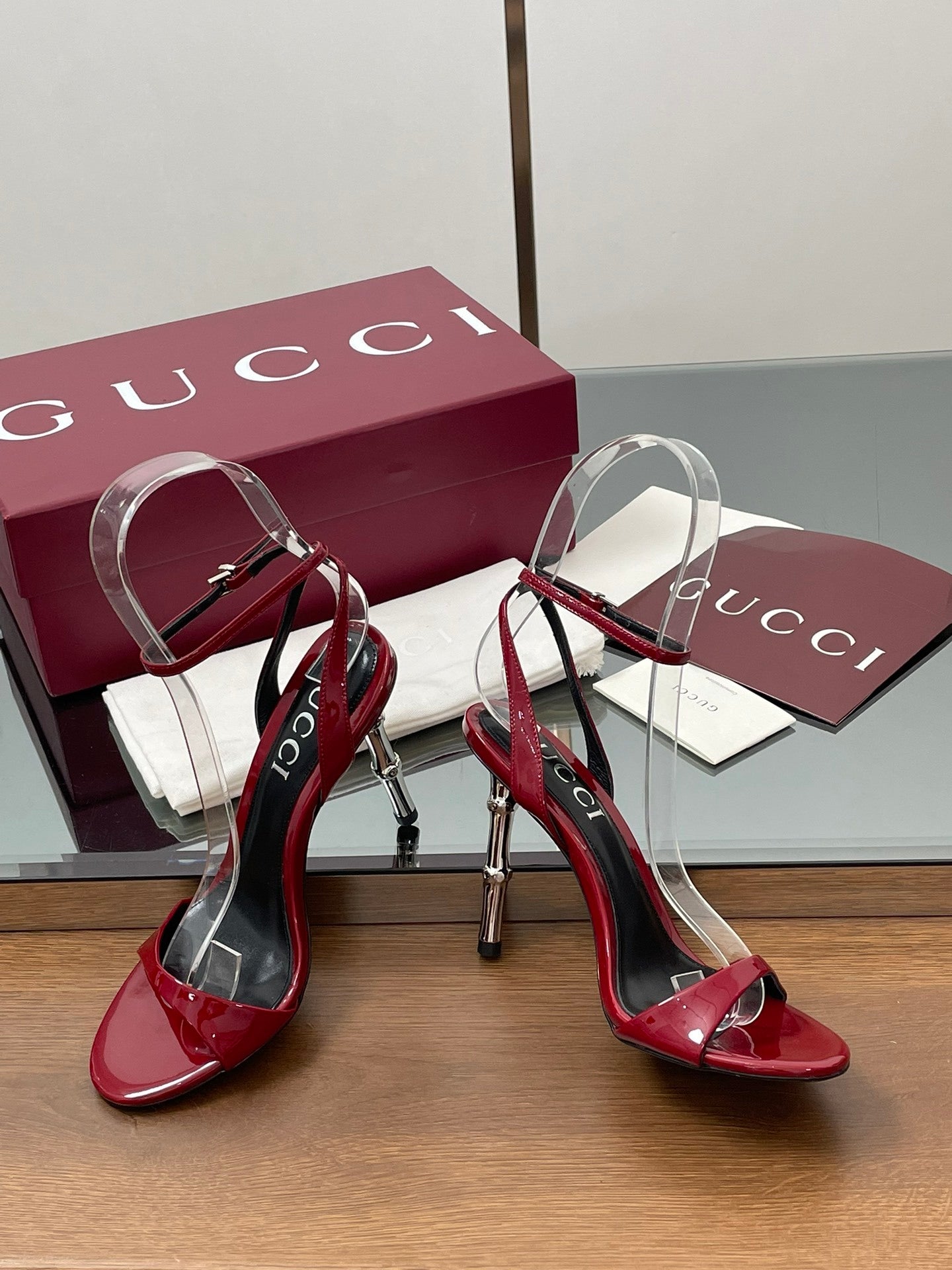 RED PATENT STRAPPY HEEL SANDALS WITH METALLIC HEEL