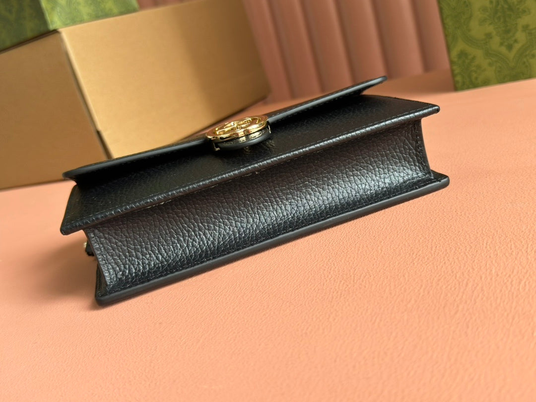 BLACK LEATHER CHAIN WALLET CROSSBODY BAG