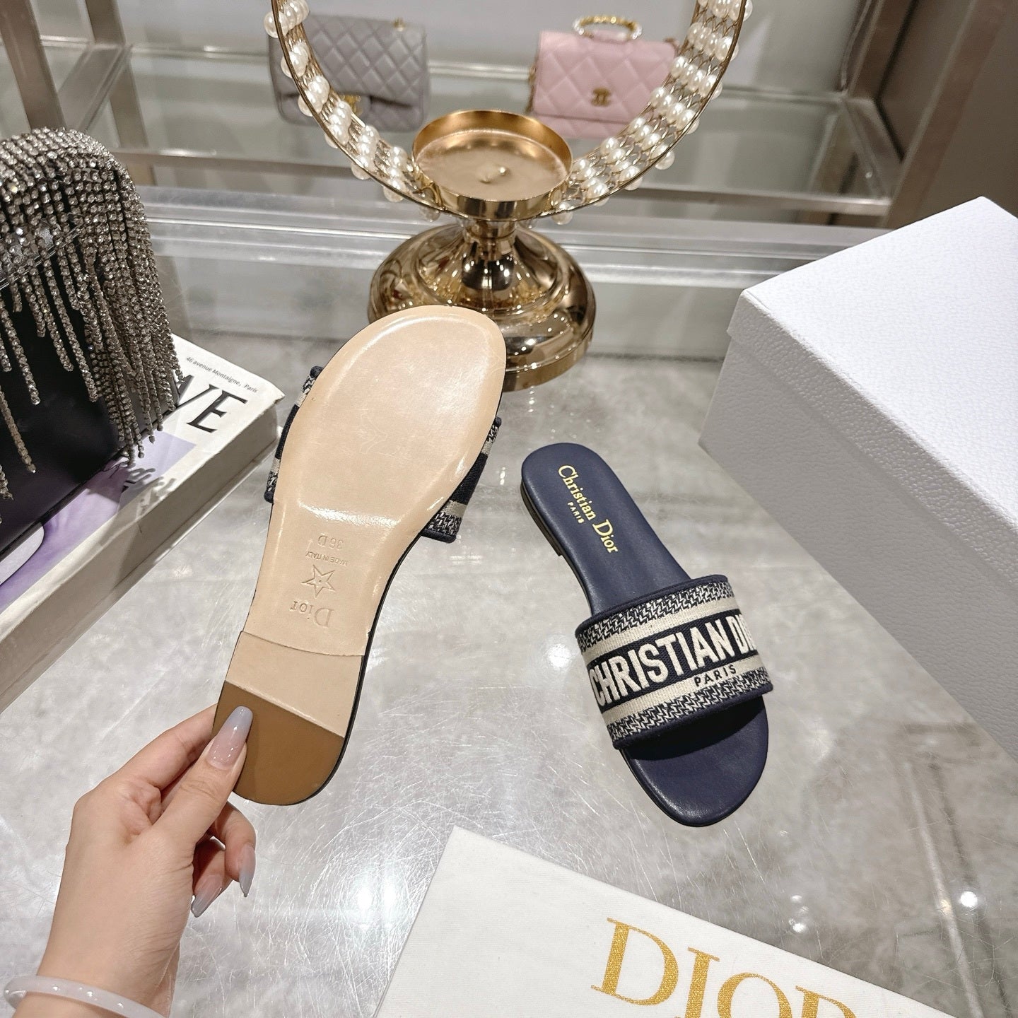 LOGO JACQUARD FLAT SLIDES – NAVY