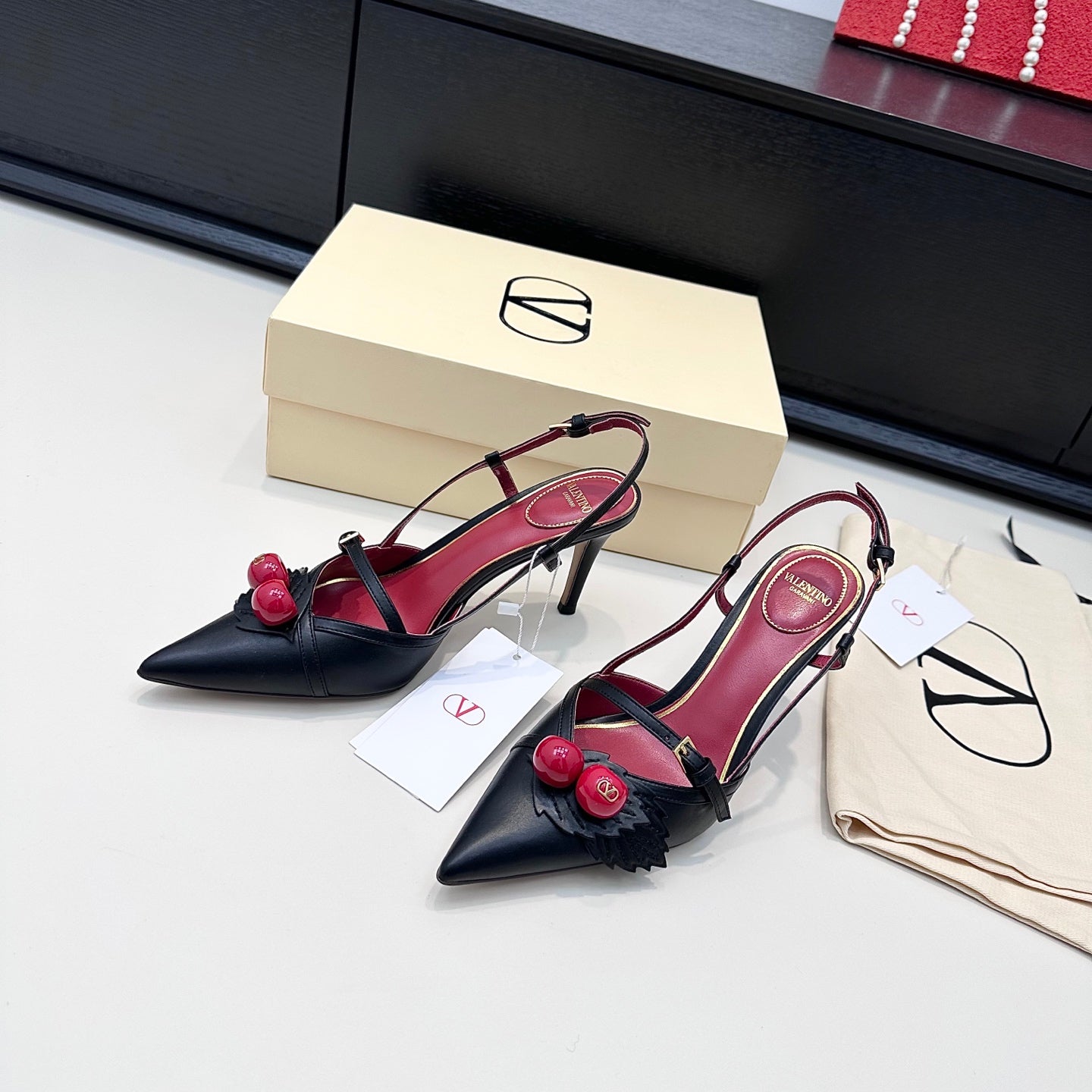 CHERRY EMBELLISHED T-STRAP POINTED HEEL PUMPS – BLACK