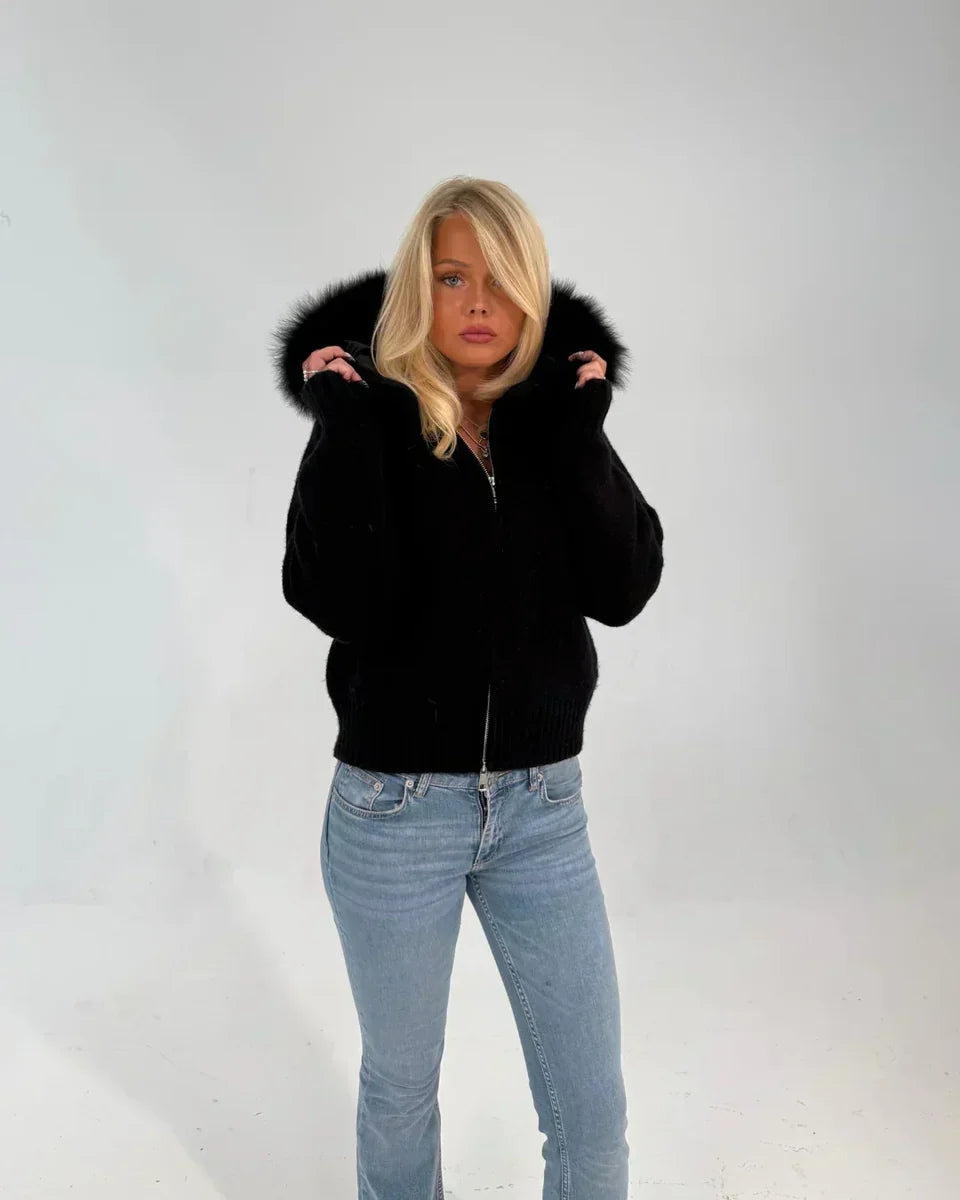 FUR HOODED KNIT ZIPPER