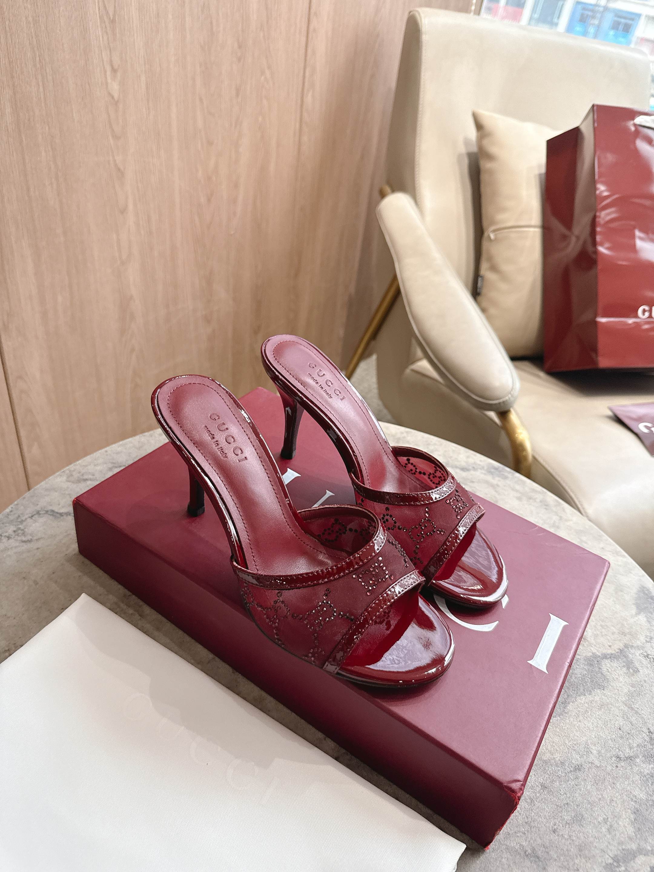 RED EMBELLISHED HEELED MULE SANDALS