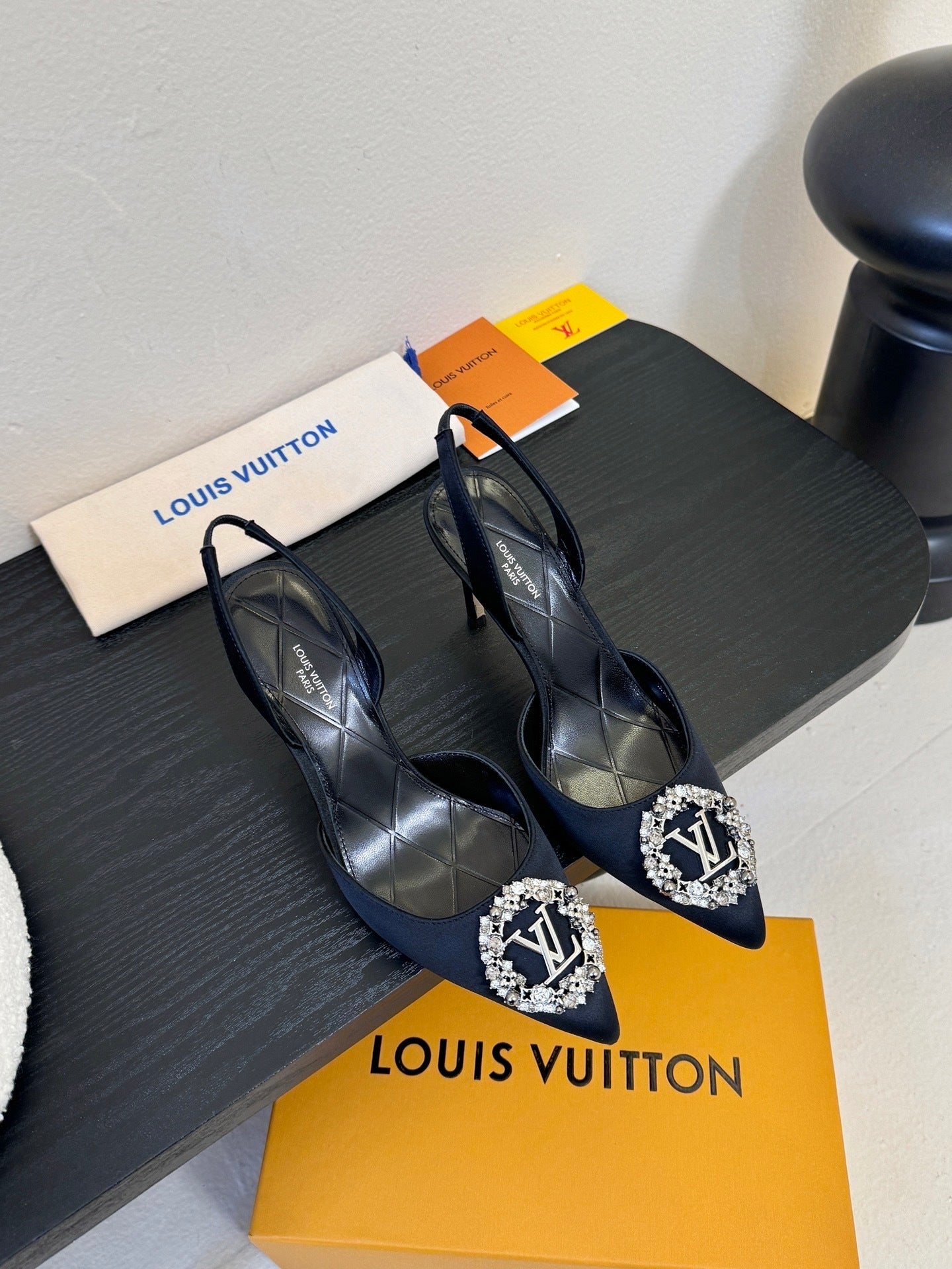 BLACK EMBELLISHED POINTED SLINGBACK HEELS